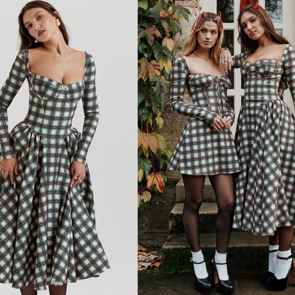 House of CB ‘Eliza’ Red Tartan Corset Midi Dress NWOT